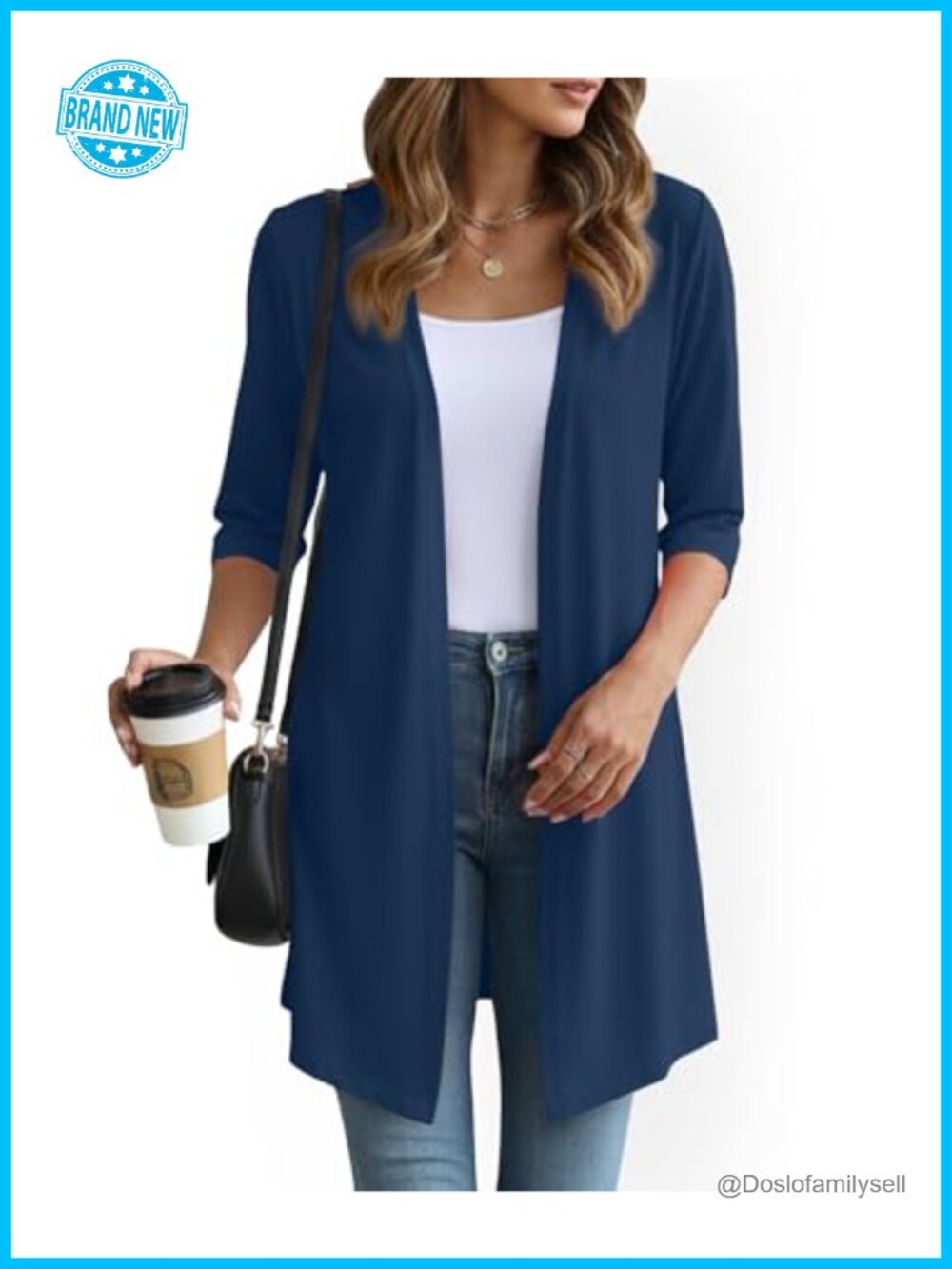 Lightweight Open Front Cardigan 3/4 Sleeve Long Knit Sweater
